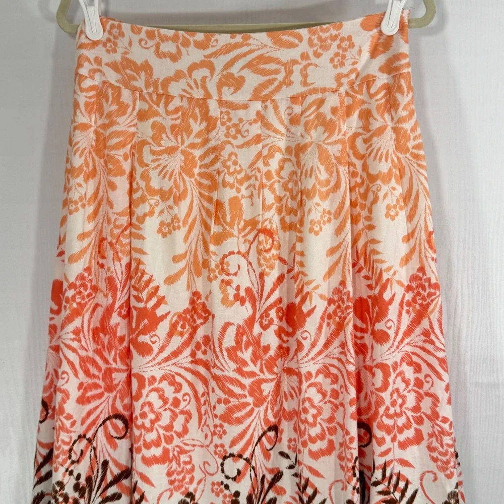 Coldwater Creek Floral boho Pleated Midi Skirt A-Line‎ Orange Brown Women Size S